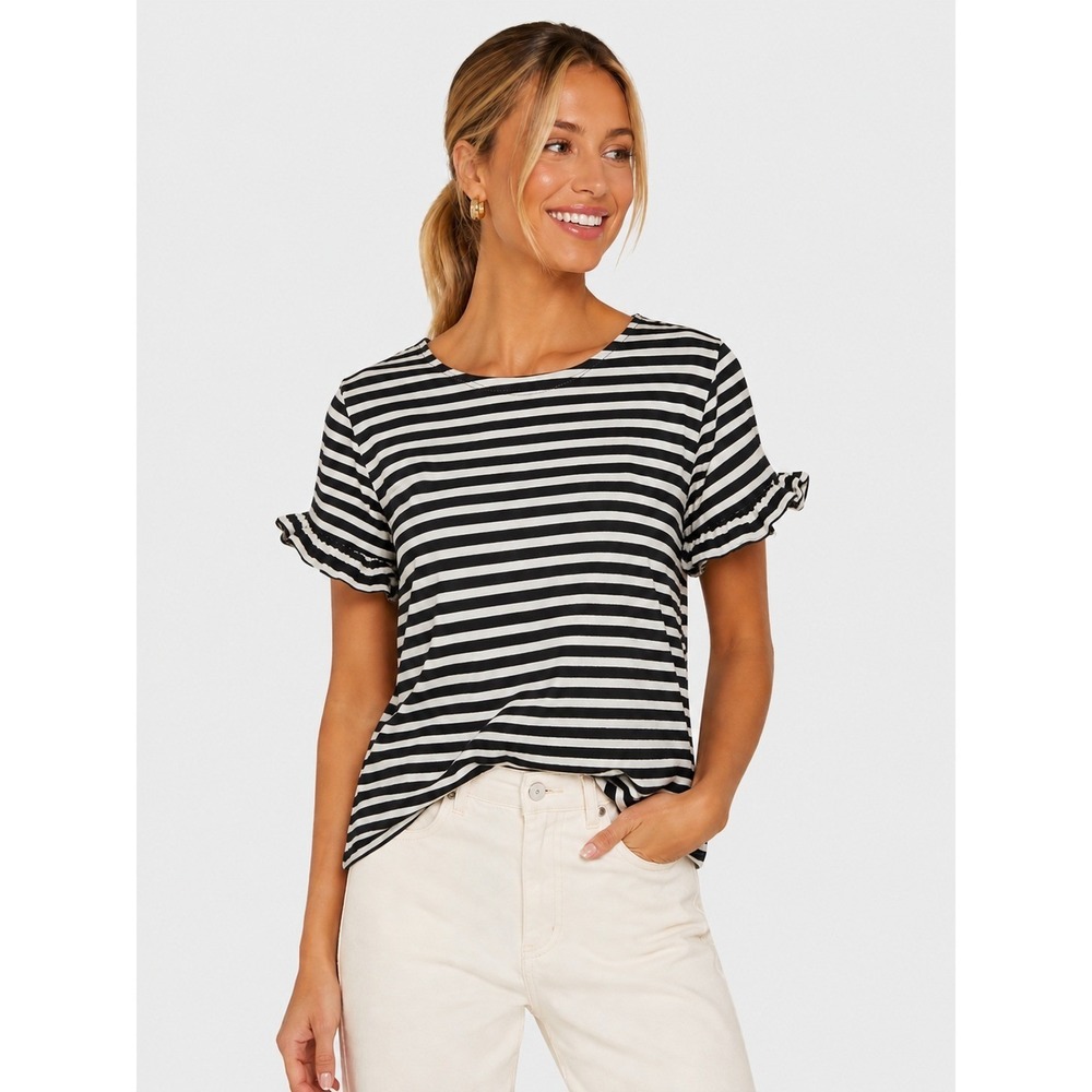 J.Crew 100% Cotton Black White Striped Ruffle Short Sleeve Crop T-Shirt Top L